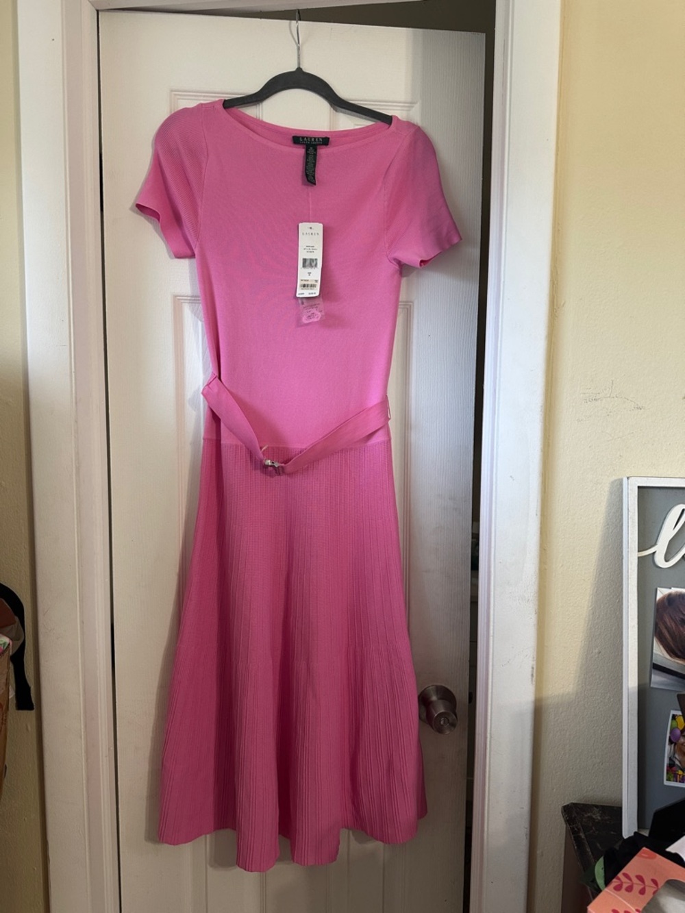 Ralph Lauren Pink Short-Sleeve Belted A-Line Midi Dress